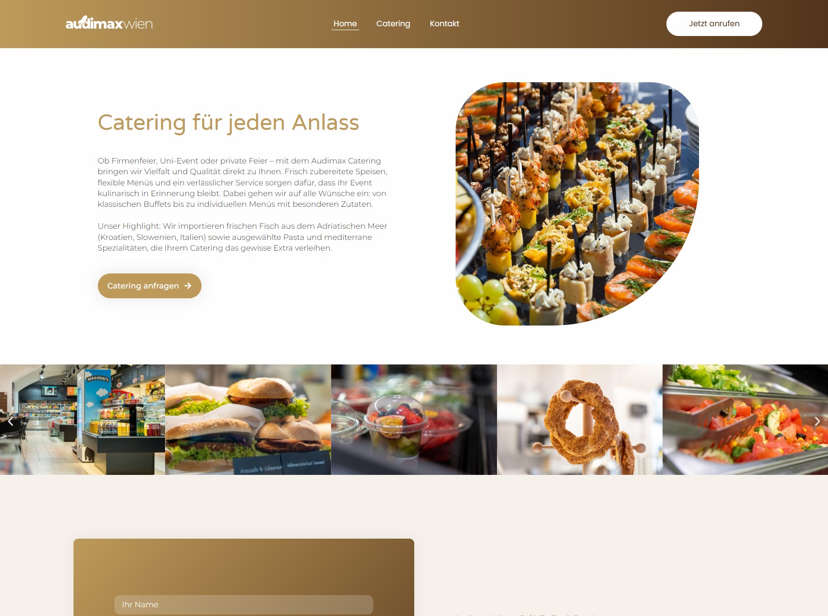 Catering-Unterseite von audimax.wien mit Veranstaltungsangebot und Speisenbildern.