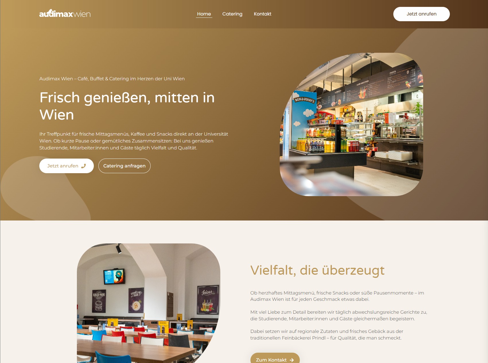 Startseite von audimax.wien mit Mensa-Fotografien und gastronomischem Angebot.