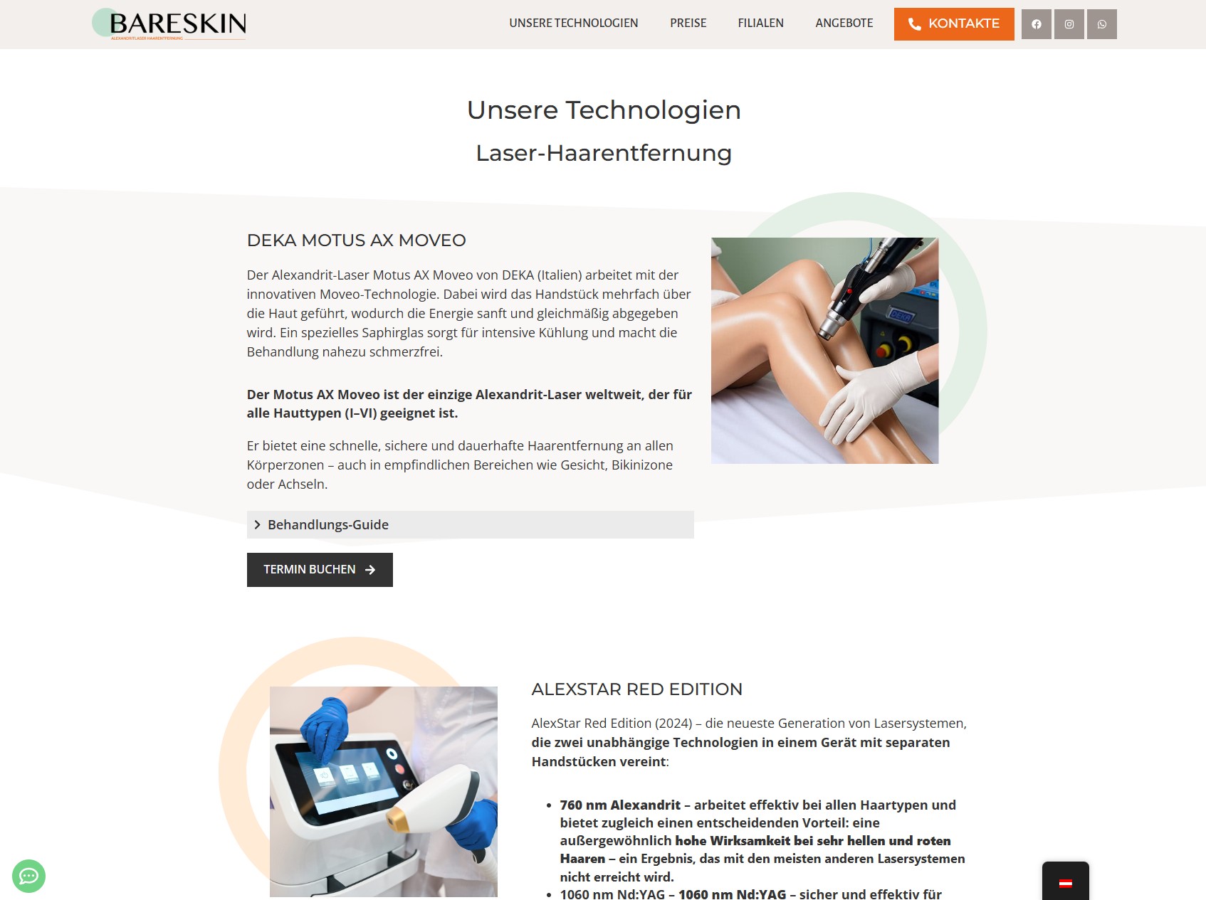 Ausschnitt der betreuten Bareskin-Website mit Informationen zu den eingesetzten Technologien.