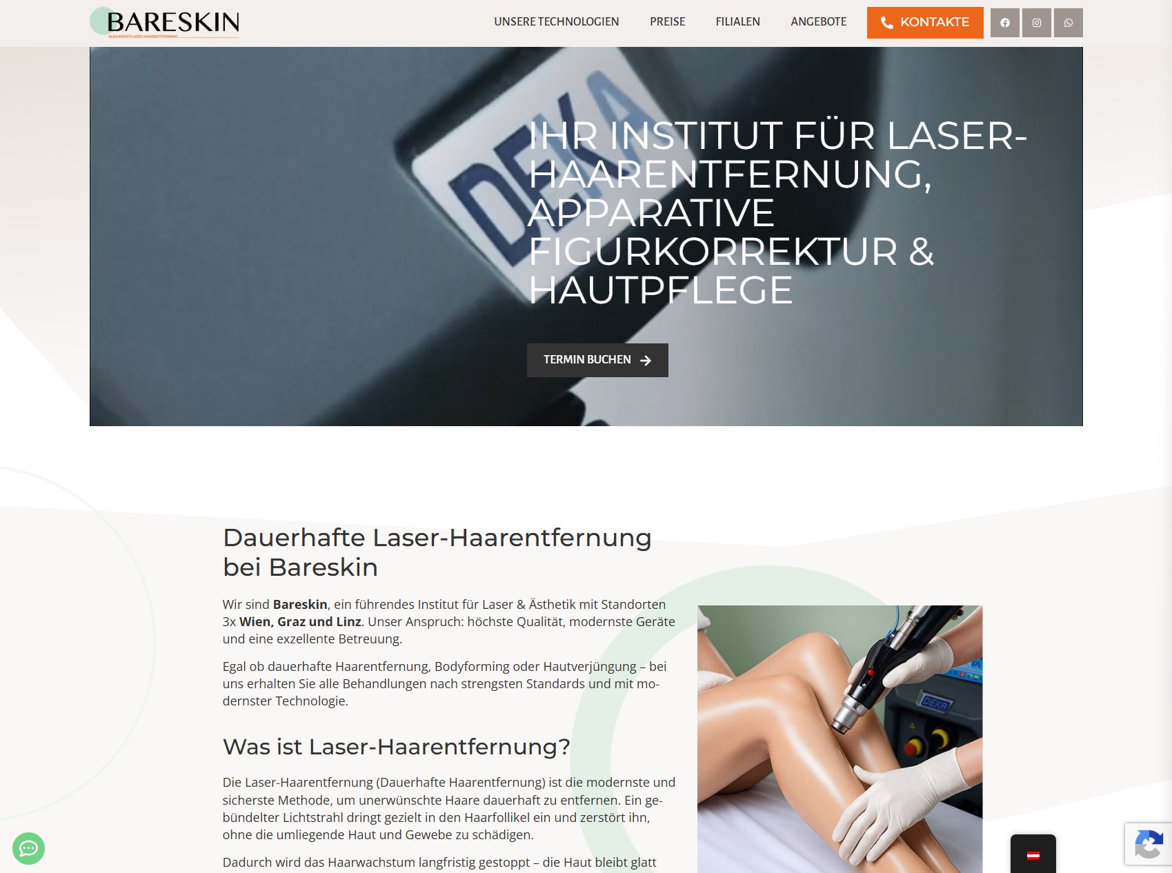 Startseite der bestehenden Bareskin-Website mit Darstellung des Instituts und seiner Angebote.
