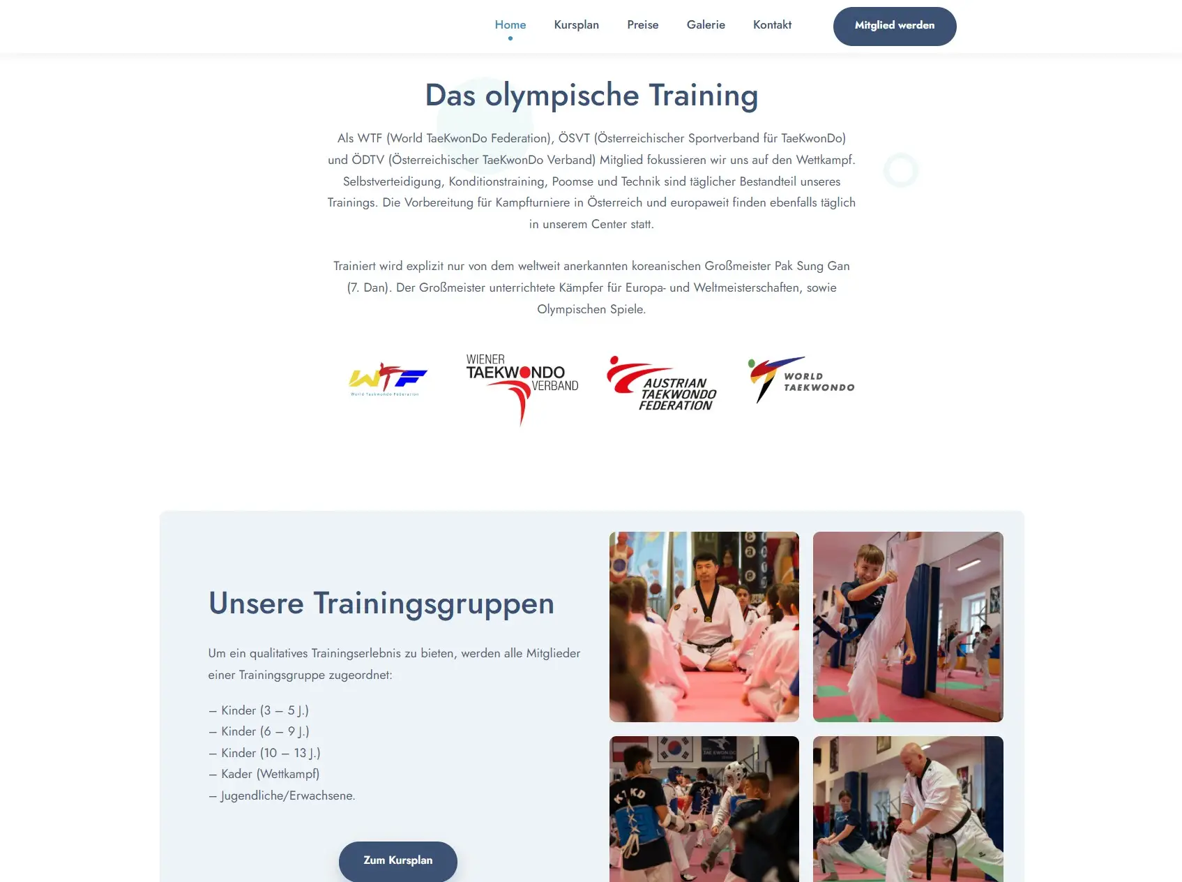 Website-Ausschnitt des Korea Taekwondo Centers mit Beschreibung des Trainings und Übersicht der Trainingsgruppen.