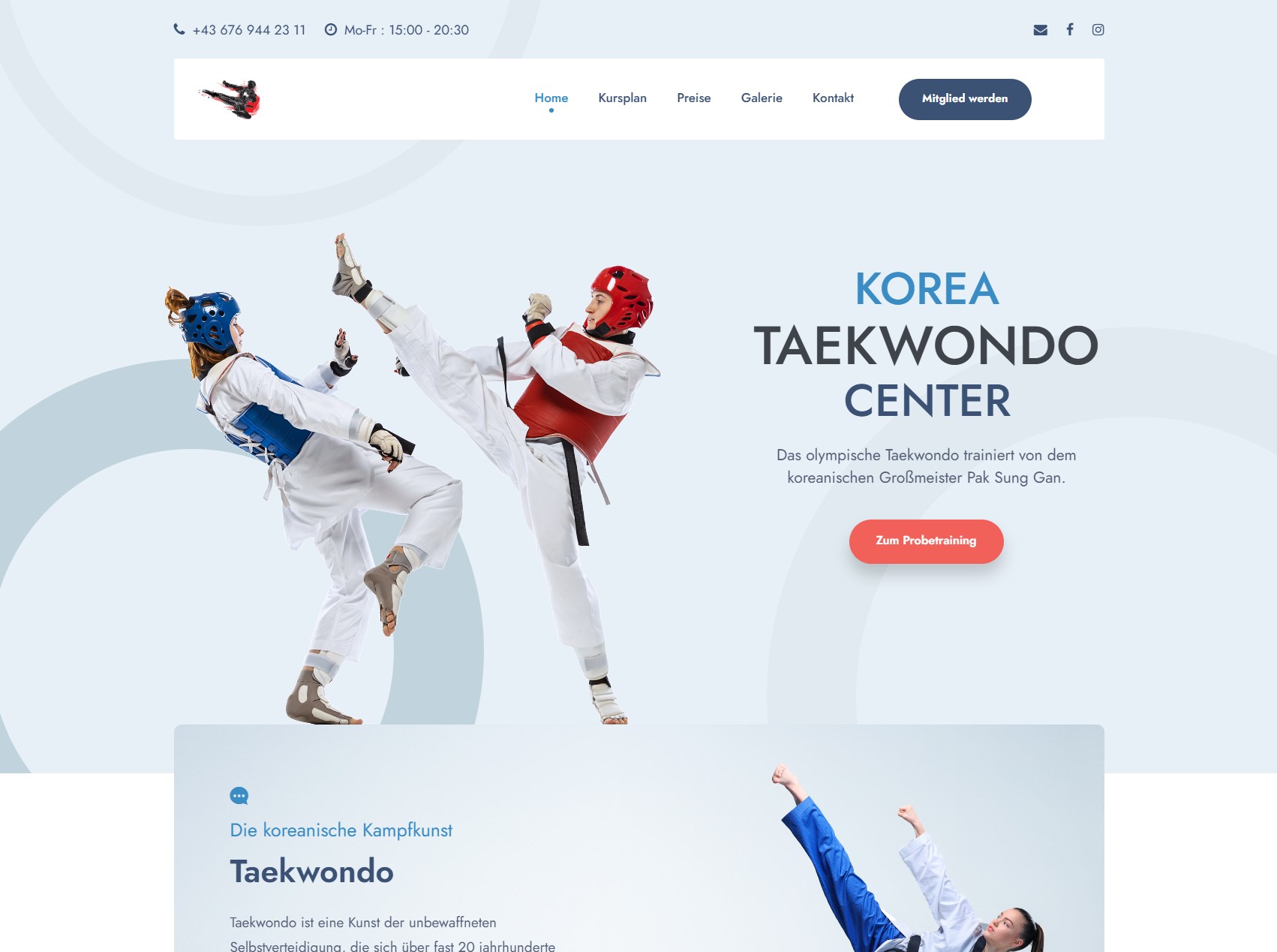 Website-Startseite des Korea Taekwondo Centers mit Taekwondo-Motiven und Zugang zum Probetraining.