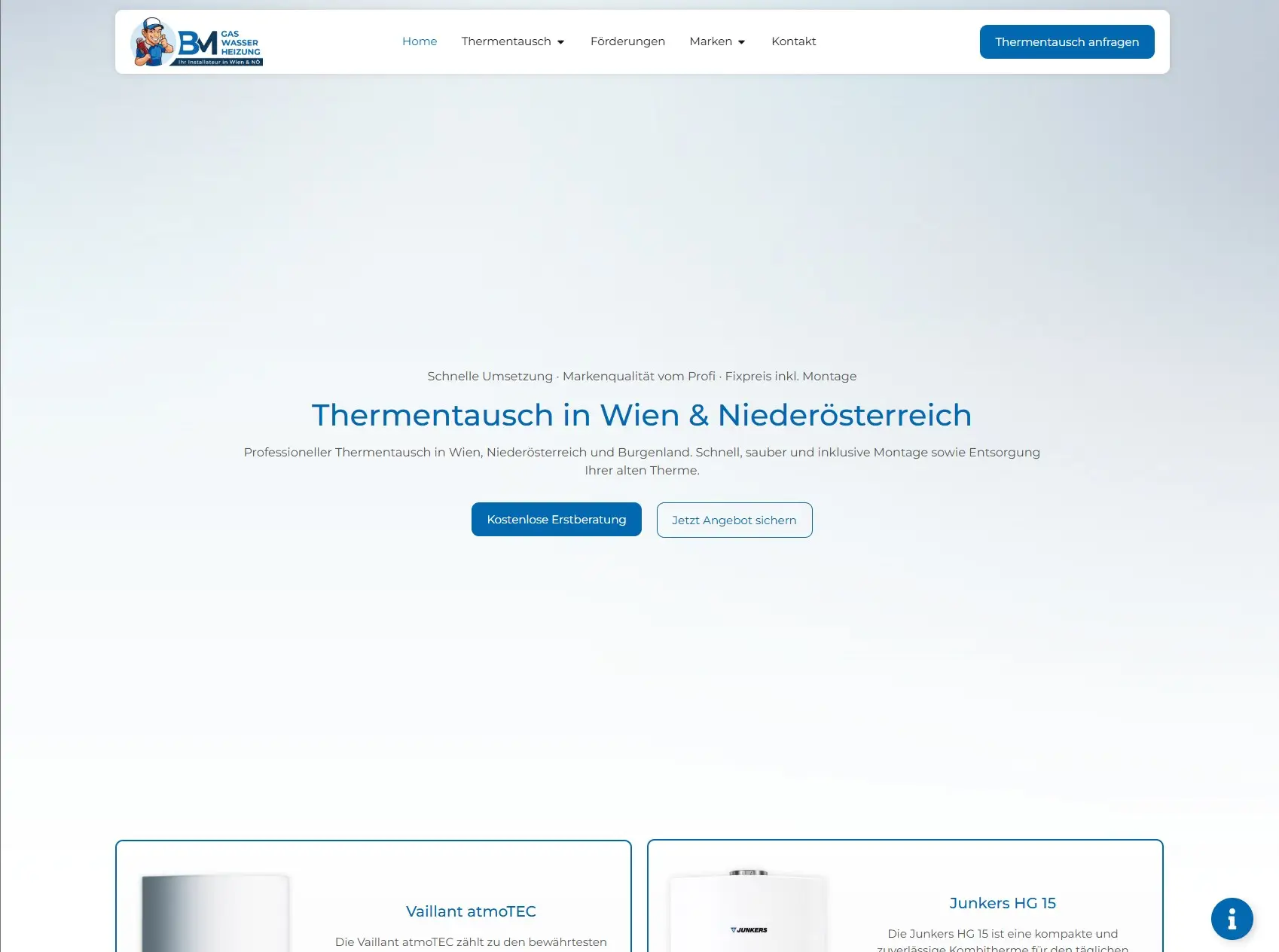 Startseite von thermentausch.co.at mit Thermentausch-Angebot und Beratungszugang.
