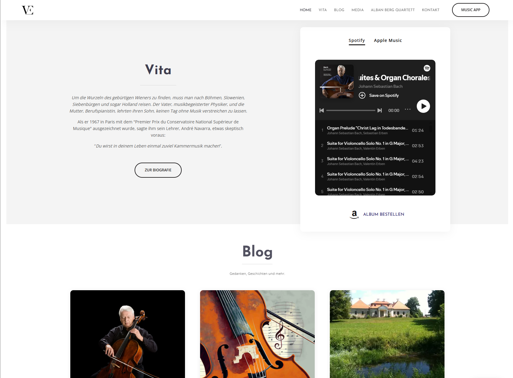 Website-Ausschnitt mit Vita, Musikeinbindung und Blogbeiträgen von Valentin Erben.