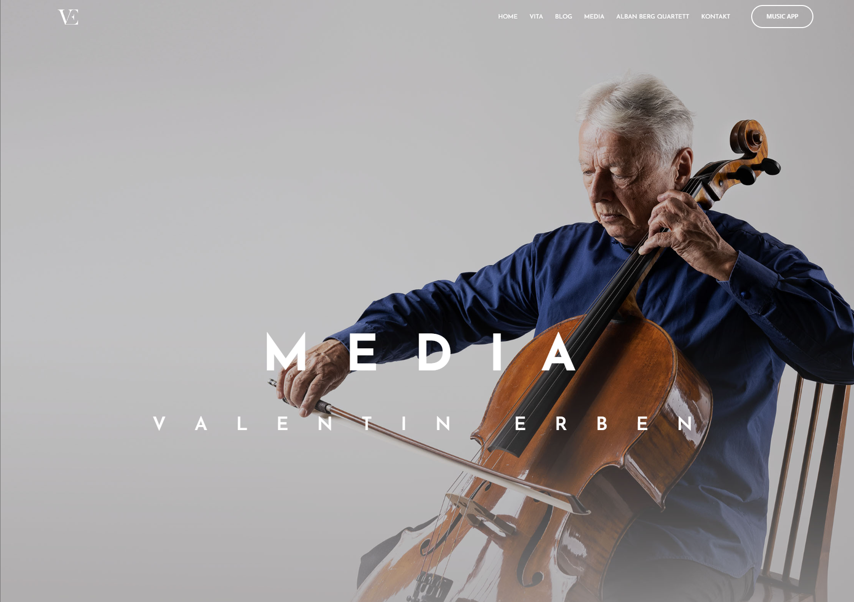Medien-Seite von valentinerben.com mit Valentin Erben am Cello.