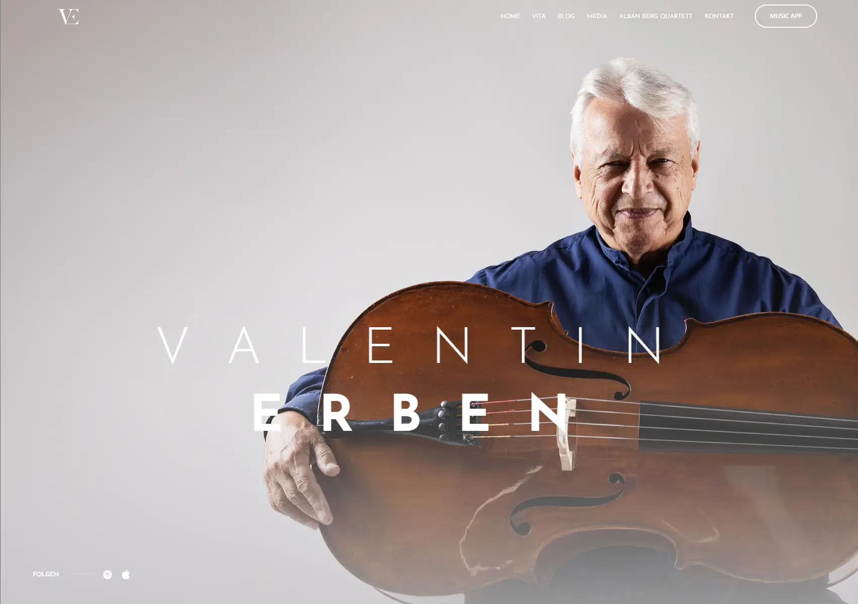 Startseite von valentinerben.com mit Valentin Erben und seinem Cello.