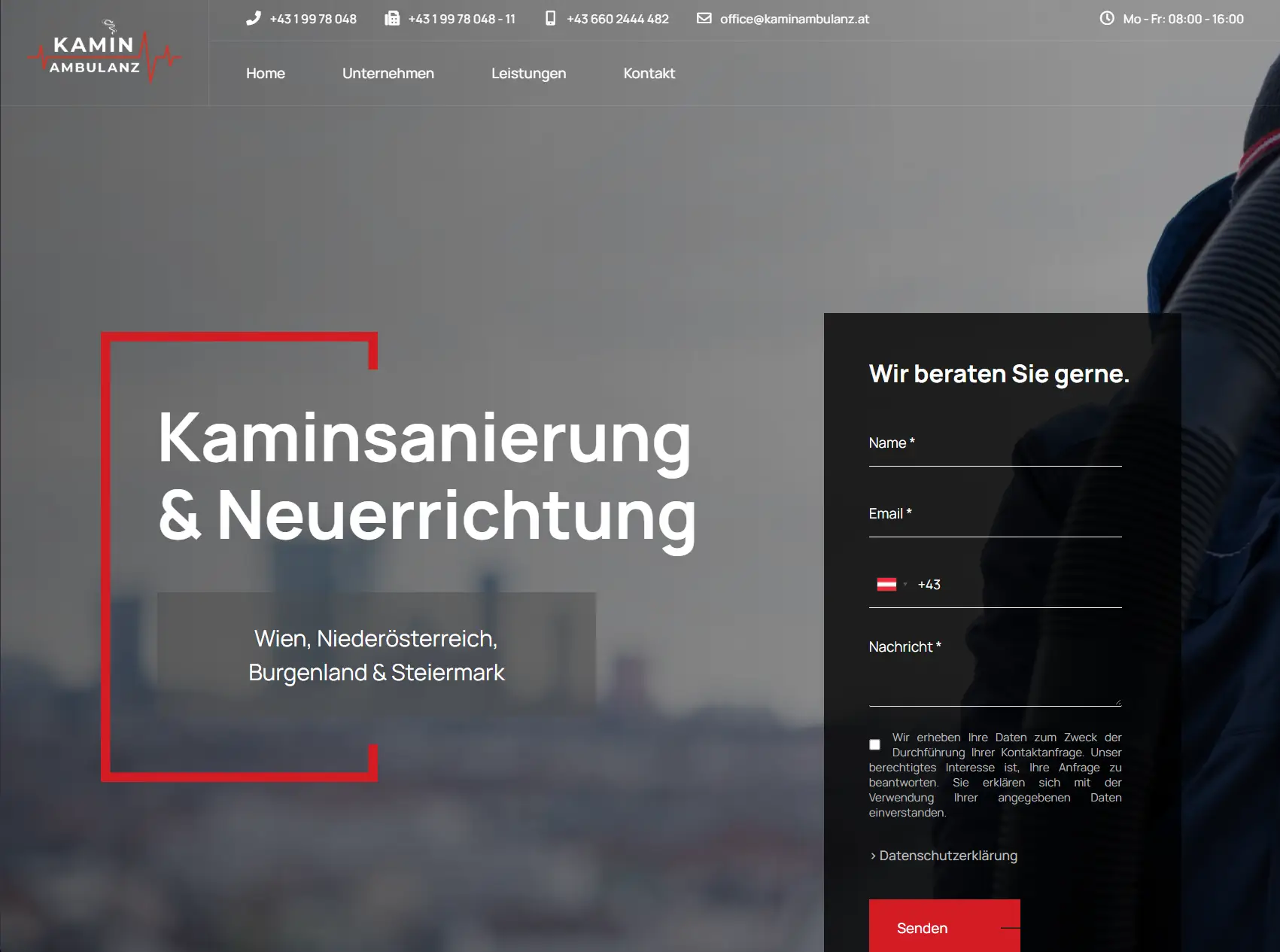 Startseite von Kamin Ambulanz als Beispiel für das Webdesign von DAS FORMAT.