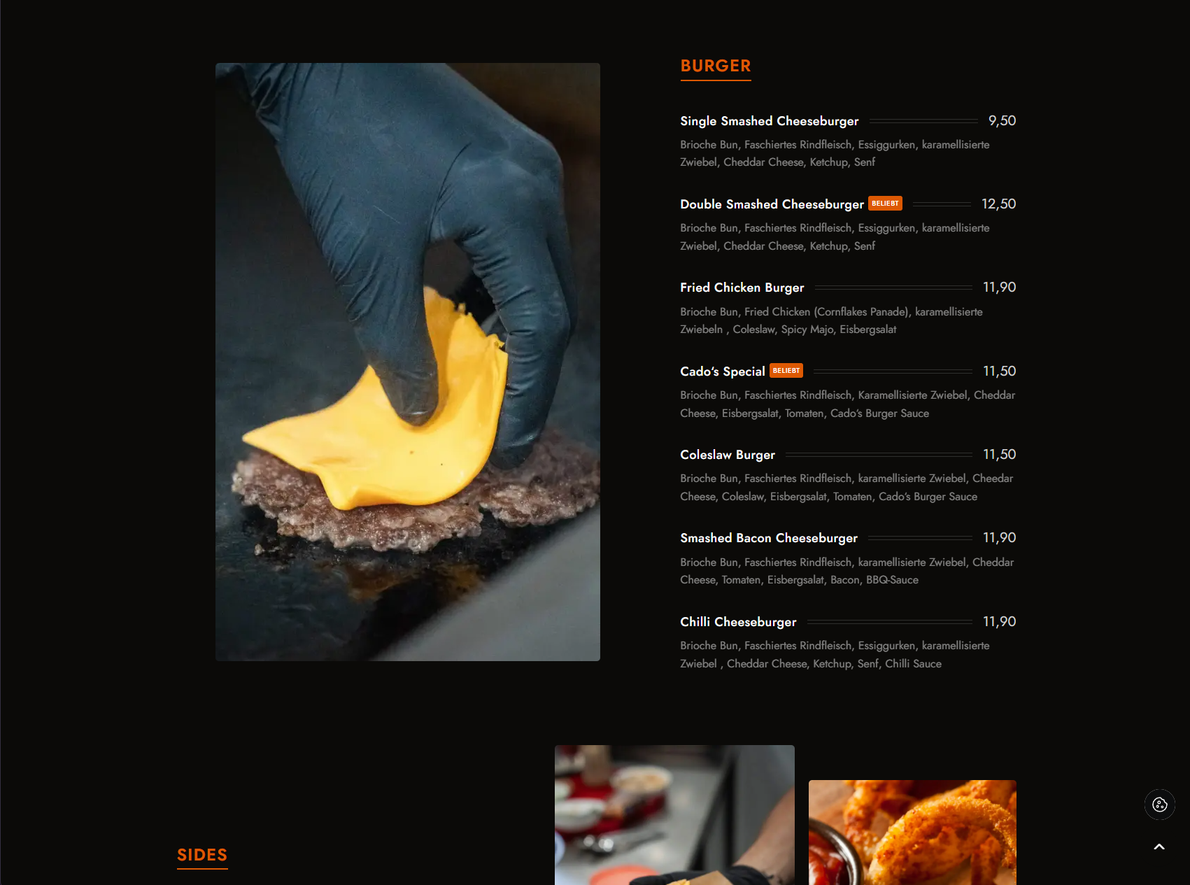 Digitale Speisekarte von Cado’s Street Food mit Burgern und Produktfotografie.