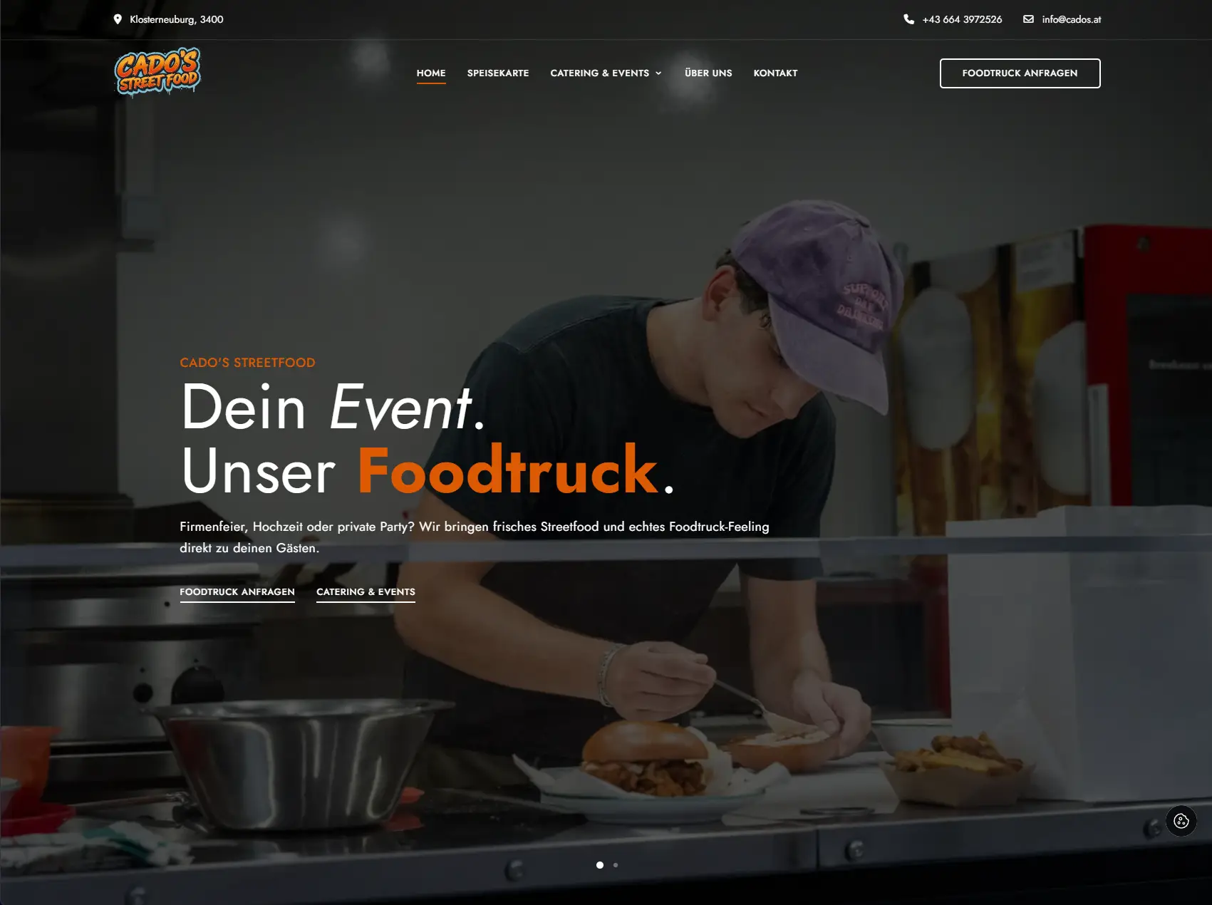 Startseite von cados.at mit Foodtruck-Angebot und Anfragebuttons.