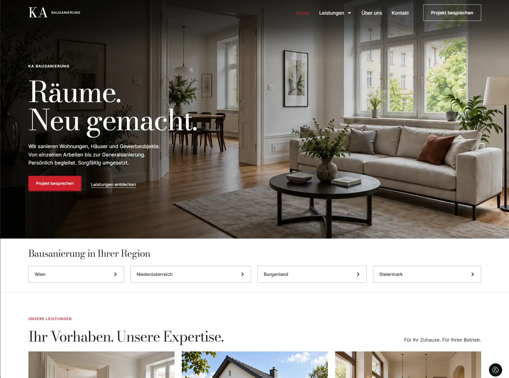 Startseite von KA Bausanierung als Beispiel für das Webdesign von DAS FORMAT.
