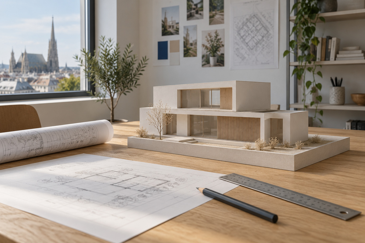 Architekturmodell und Pläne auf einem hellen Studiotisch.