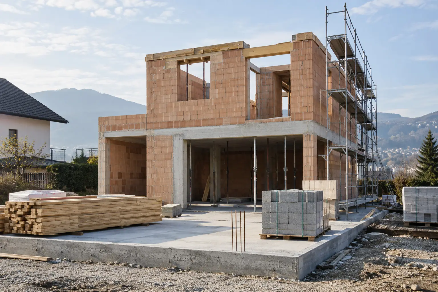 Geordnete Baustelle eines Wohngebäudes mit sichtbaren Baumaterialien.