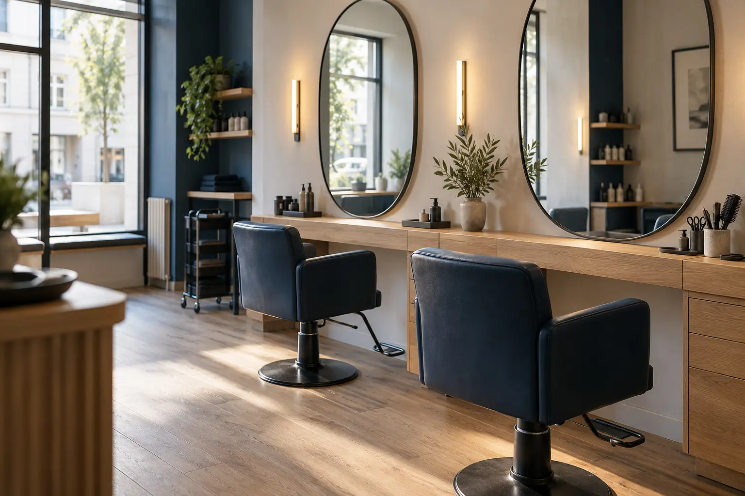 Friseursalon mit hellen Arbeitsplätzen und dunkelblauen Salonstühlen.
