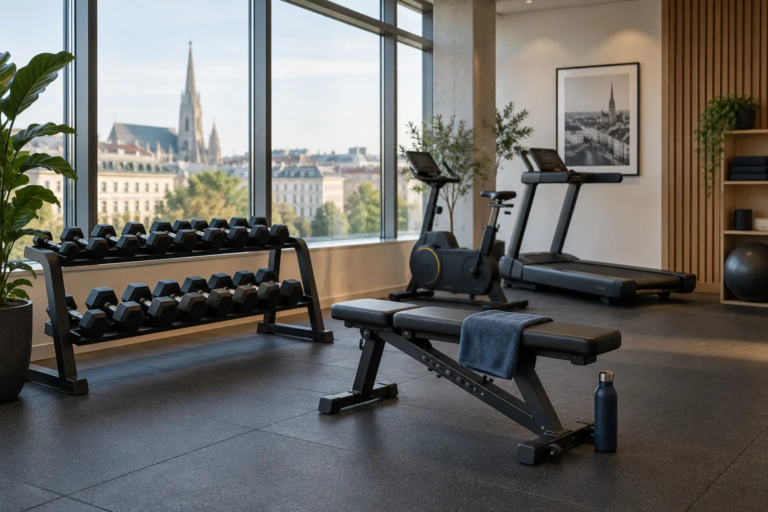 Modernes Fitnessstudio mit geordneten Trainingsbereichen.