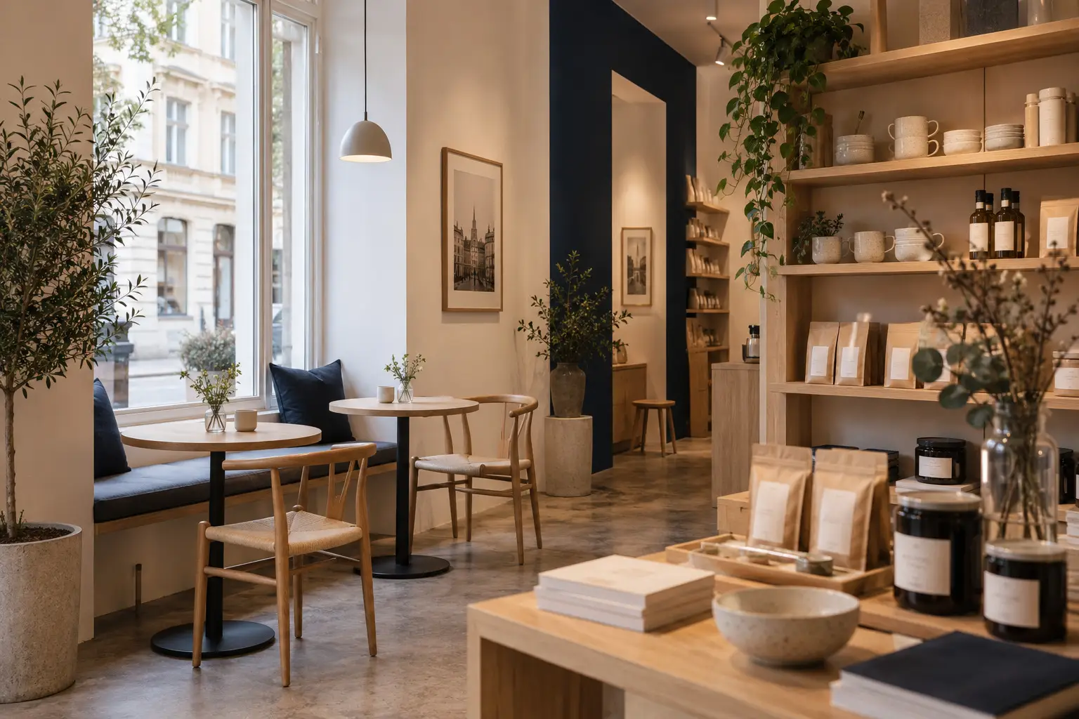 Einladender Geschäftsbereich mit Café-Tischen und ausgewählten Waren.
