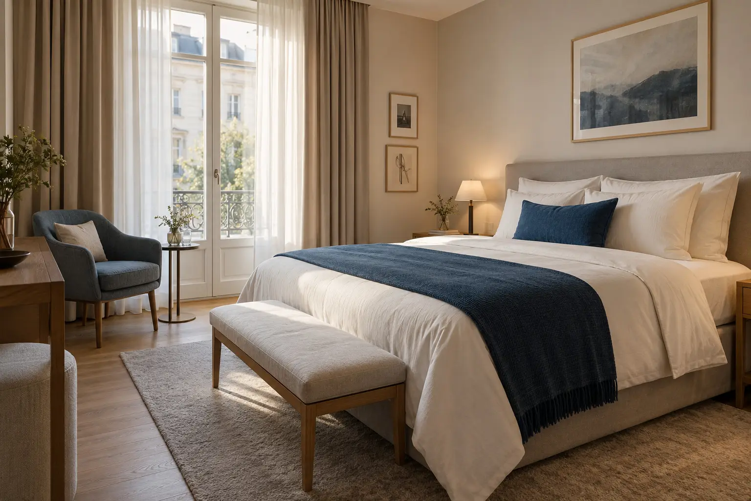 Helles Hotelzimmer mit neutralen Materialien und dunkelblauen Akzenten.