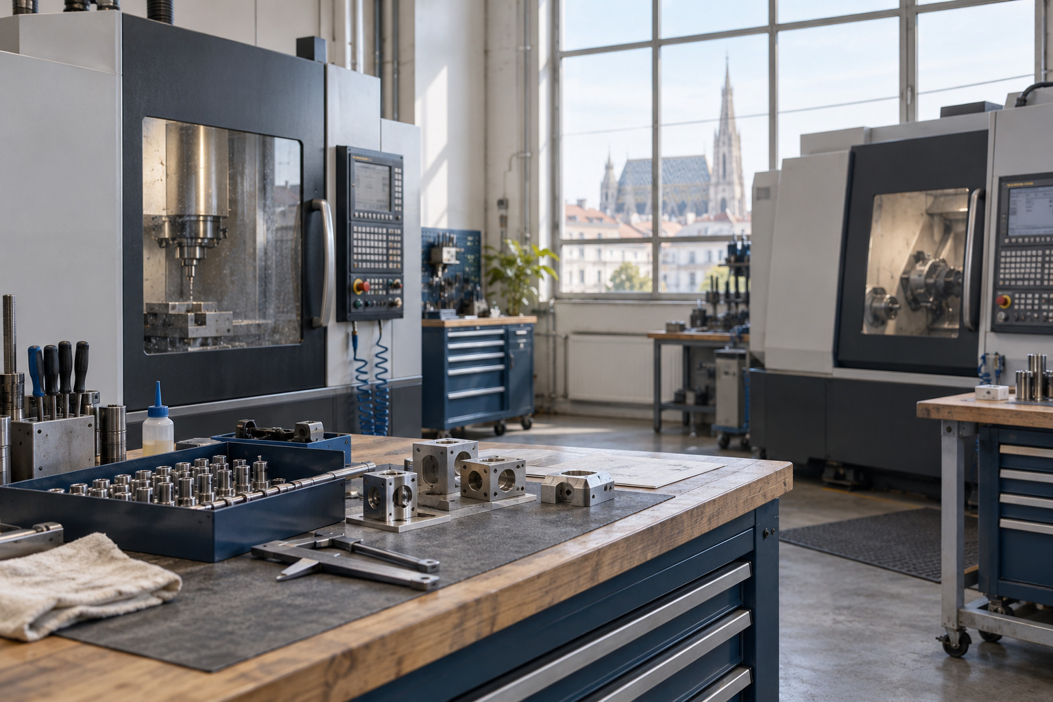 Geordnete Produktionshalle mit industriellen Maschinen und klaren Arbeitsbereichen.