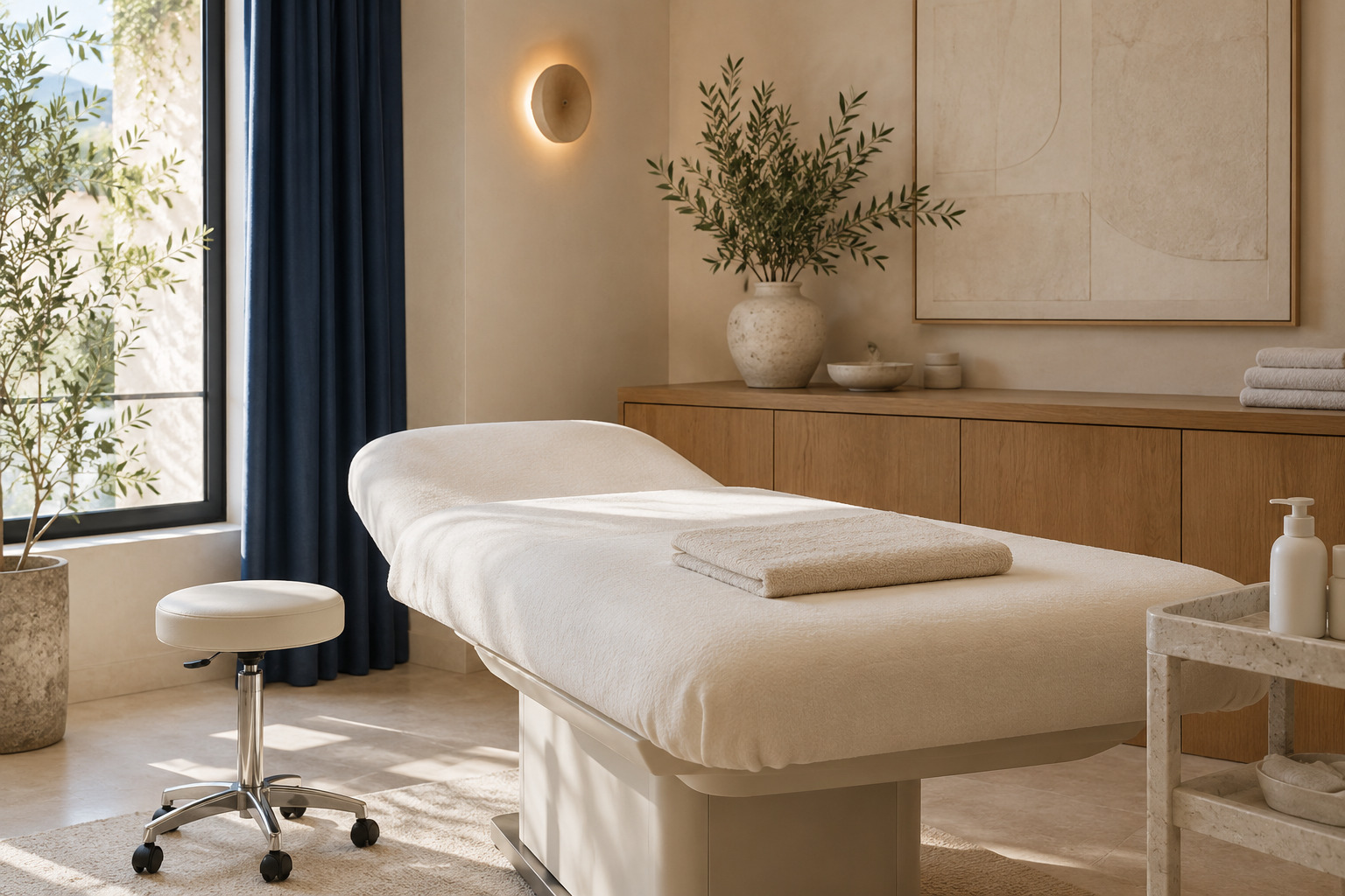 Kosmetikraum mit Behandlungsliege, Handtüchern und dezenten Pflegeprodukten.