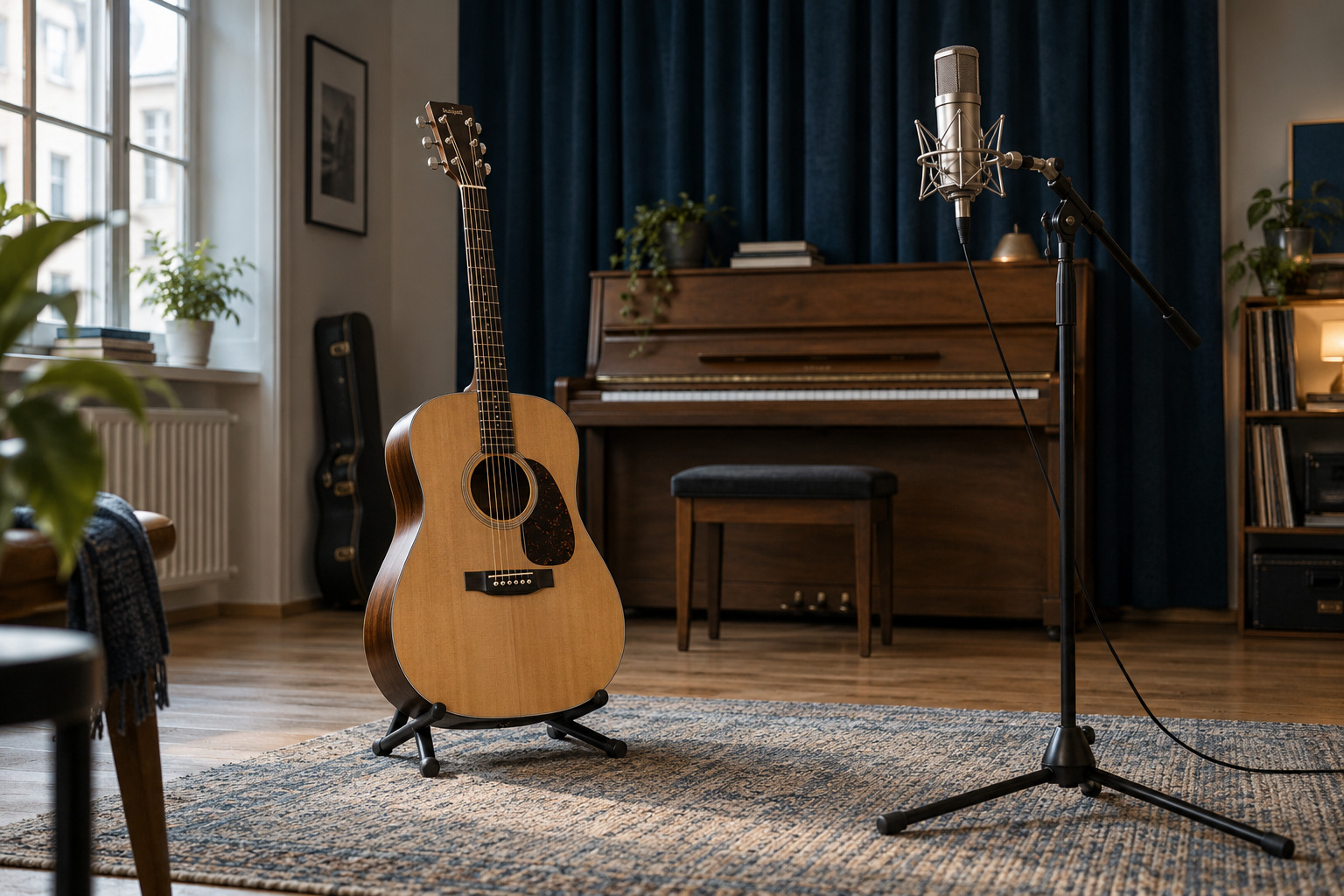 Musikraum mit Instrumenten und einem professionellen Mikrofon.