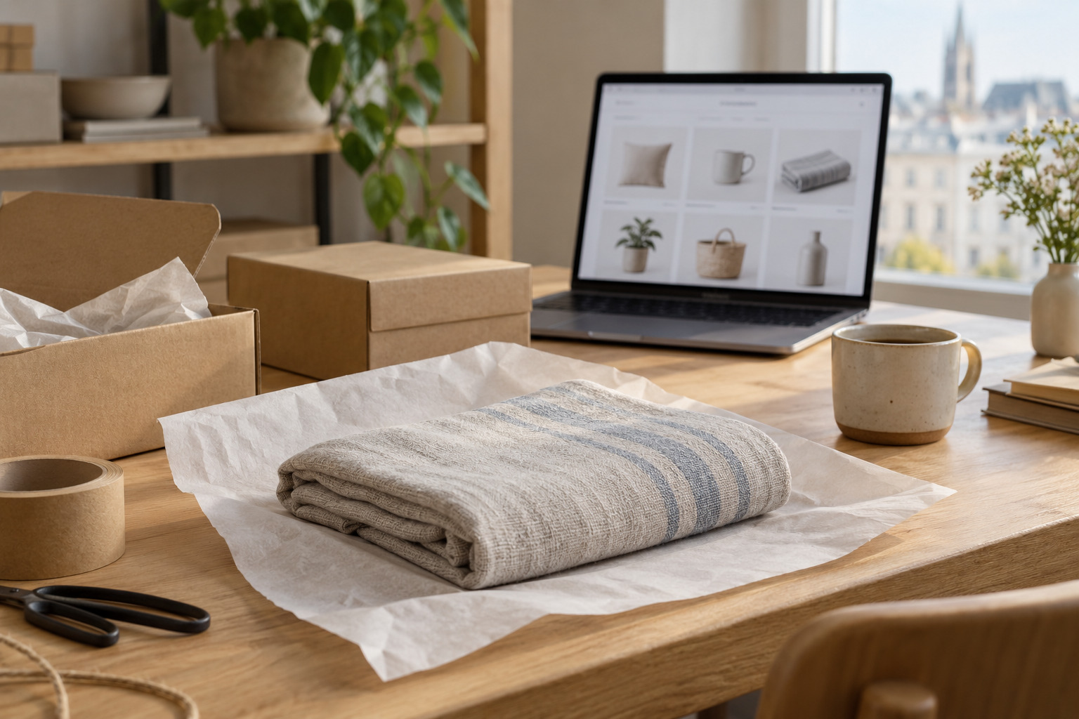 Produkte und Versandmaterialien für einen professionellen Online-Verkauf.