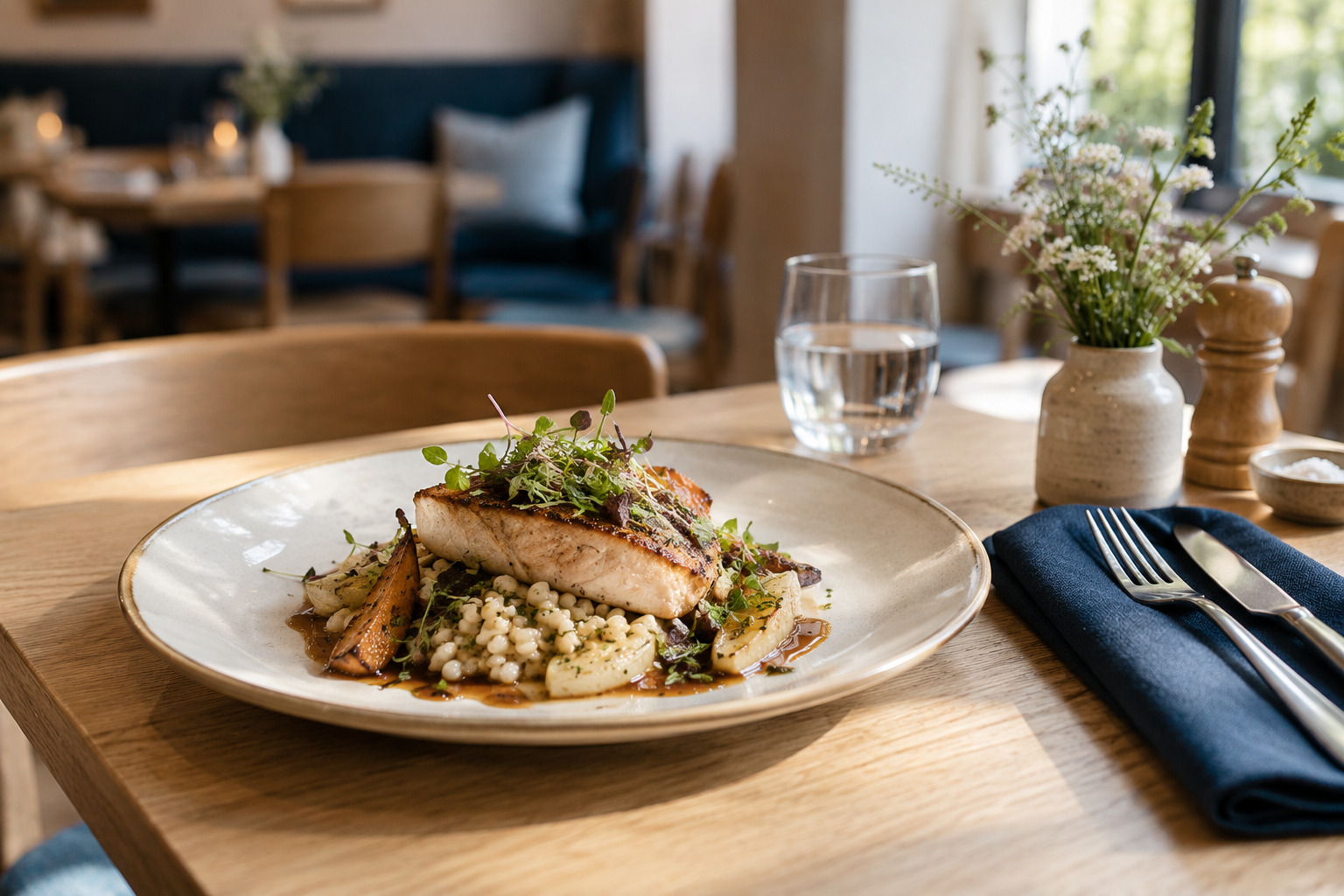 Gedeckter Restauranttisch mit einem sorgfältig angerichteten Gericht.
