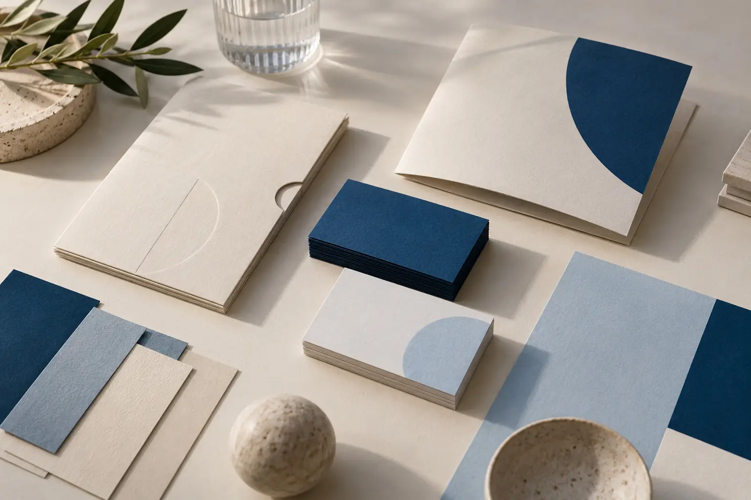 Abgestimmte Markenmaterialien und Papiermuster in Dunkelblau, Hellblau und Creme.