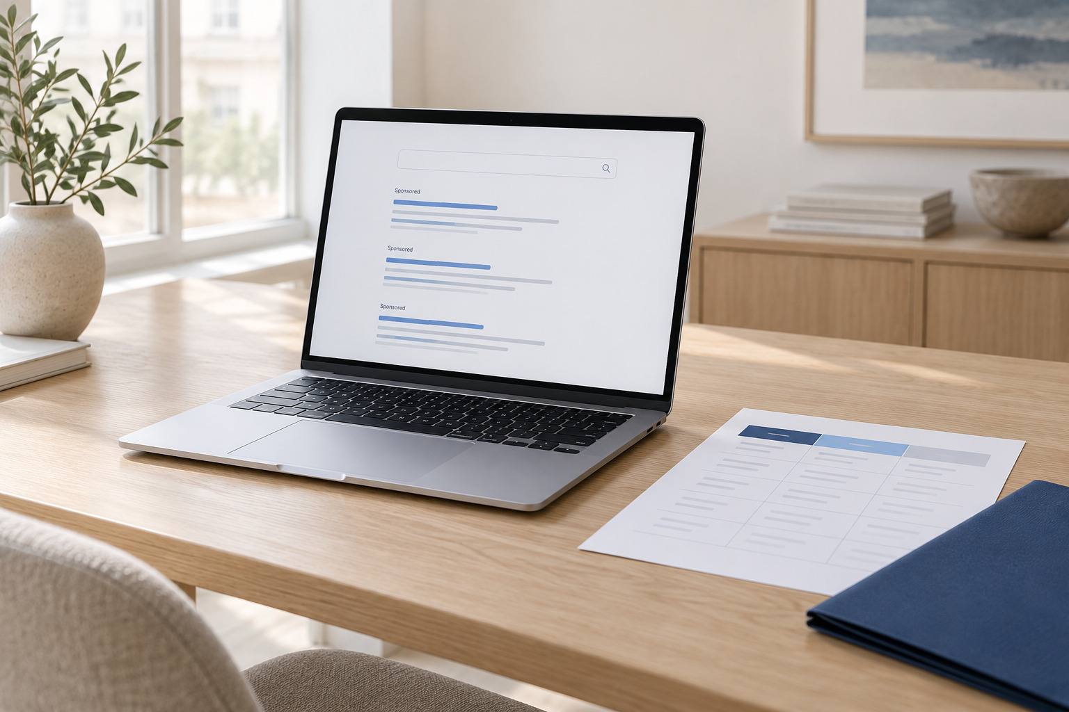 Laptop mit einer Suchanzeigen-Darstellung neben strukturierten Kampagnenunterlagen.