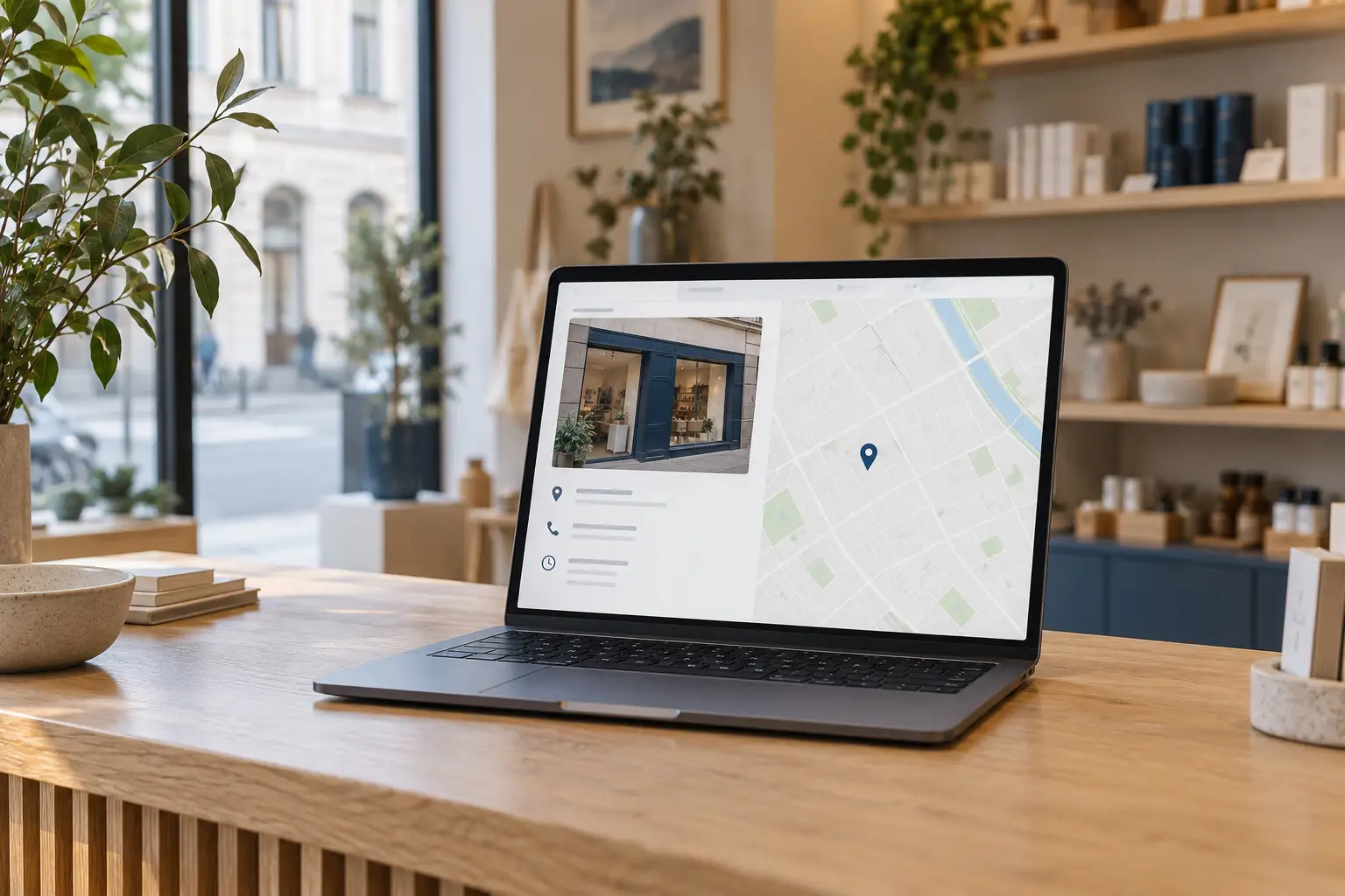 Laptop mit einer lokalen Unternehmensdarstellung und Kartenausschnitt in einem hellen Geschäft.