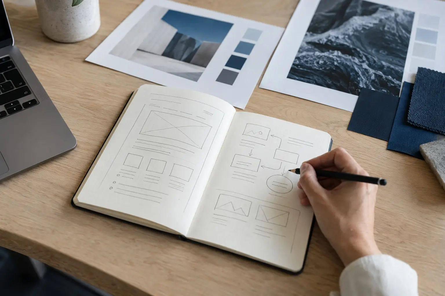 Hand skizziert ein Website-Konzept neben Designvorlagen und Farbmustern