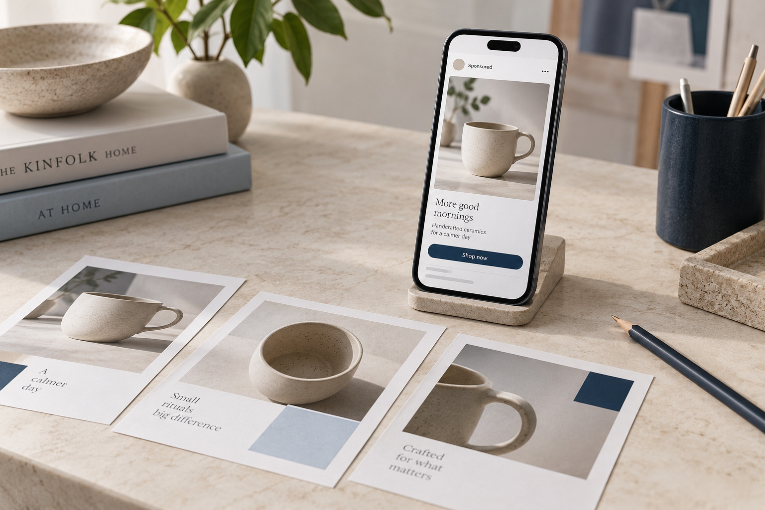 Smartphone mit einem Anzeigenmotiv und gedruckten Entwürfen für eine Social-Media-Kampagne.