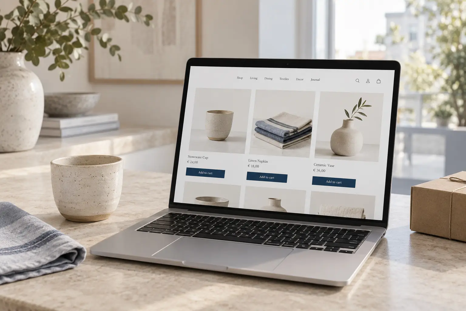 Laptop mit einem übersichtlichen Onlineshop und ausgewählten Produkten auf einem hellen Tisch.