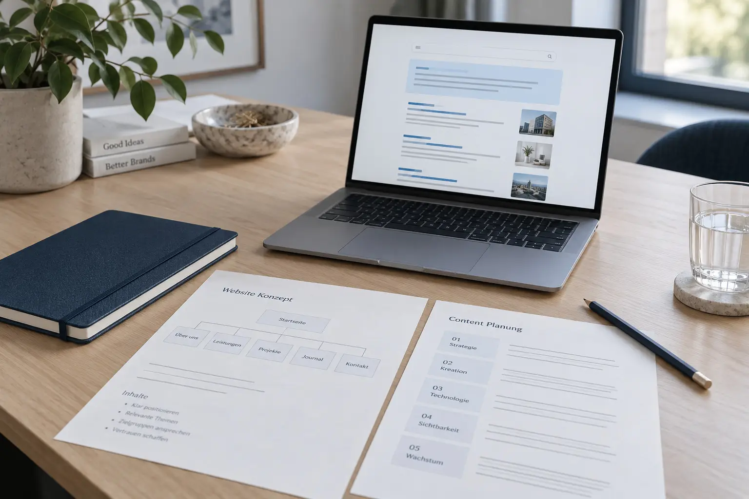 Arbeitsplatz mit Unterlagen zur Planung von Such- und KI-Sichtbarkeit.