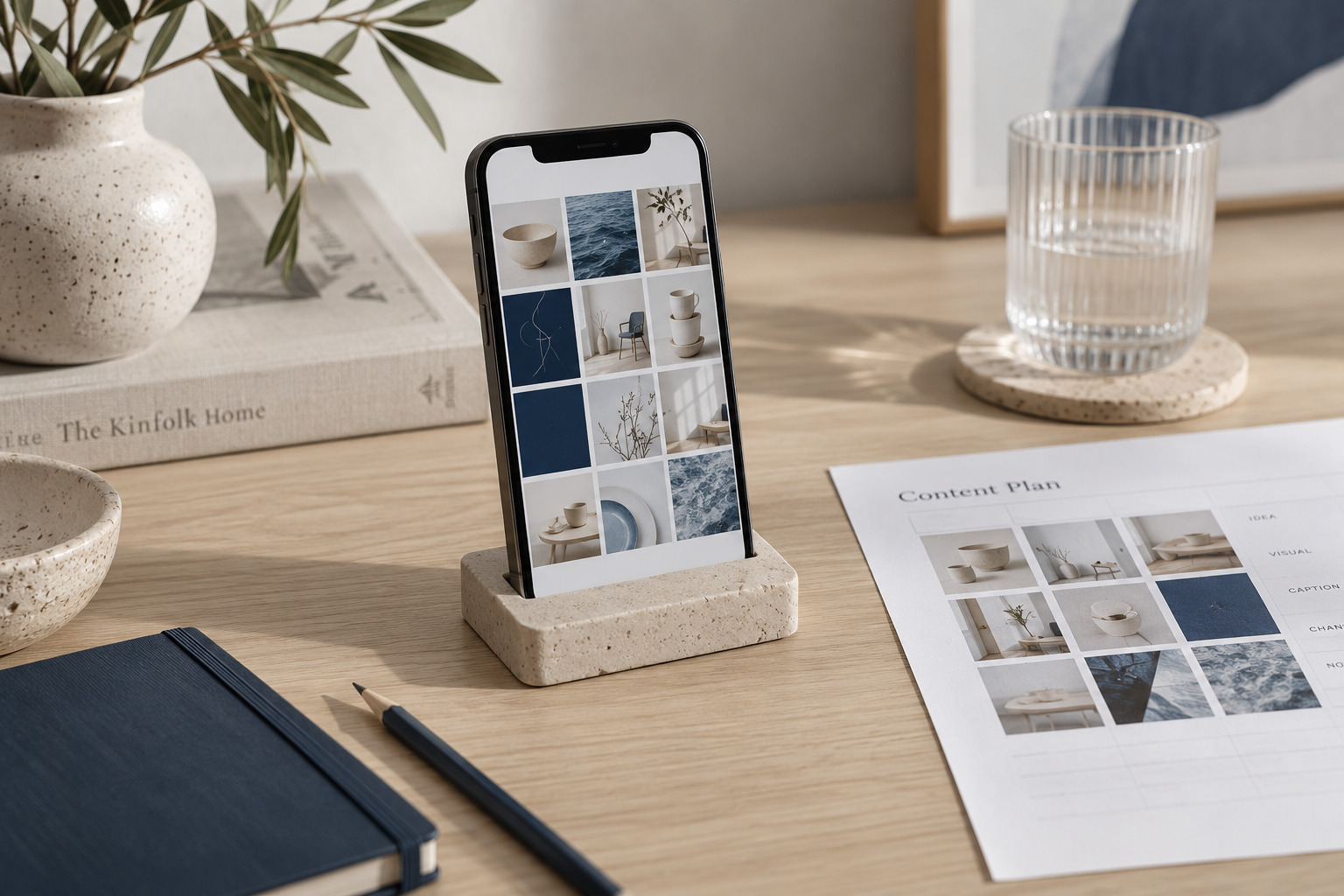 Smartphone mit abgestimmten Social-Media-Motiven und Redaktionsplan.