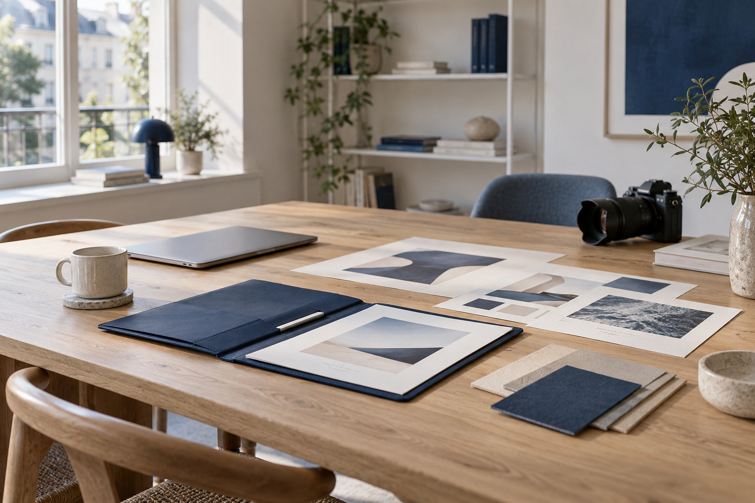 Arbeitsumgebung mit Planungsunterlagen, Gestaltungsmaterialien und Kameraausrüstung.