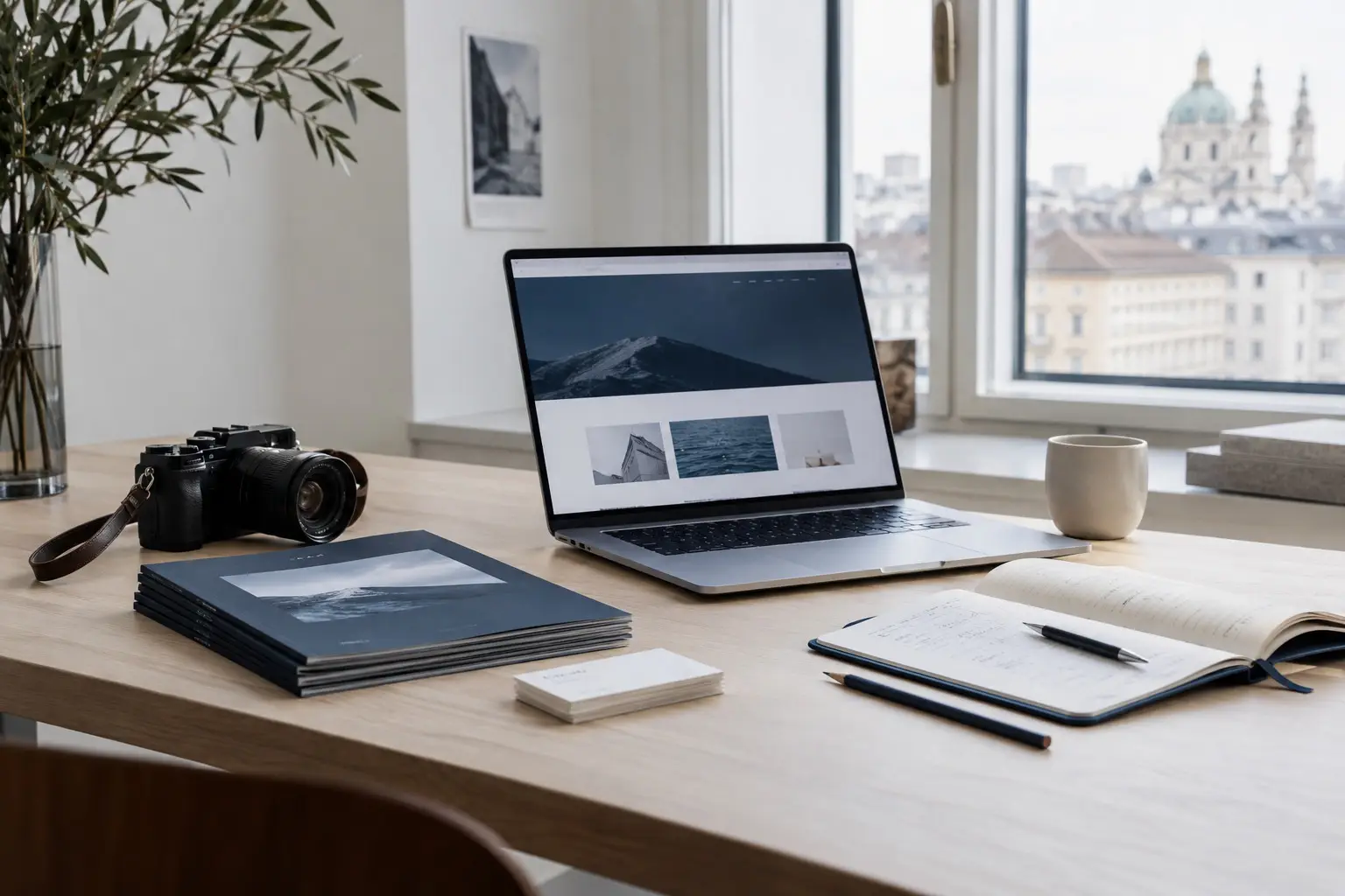 Laptop, Kamera, Broschüren und Visitenkarten auf einem hellen Arbeitstisch