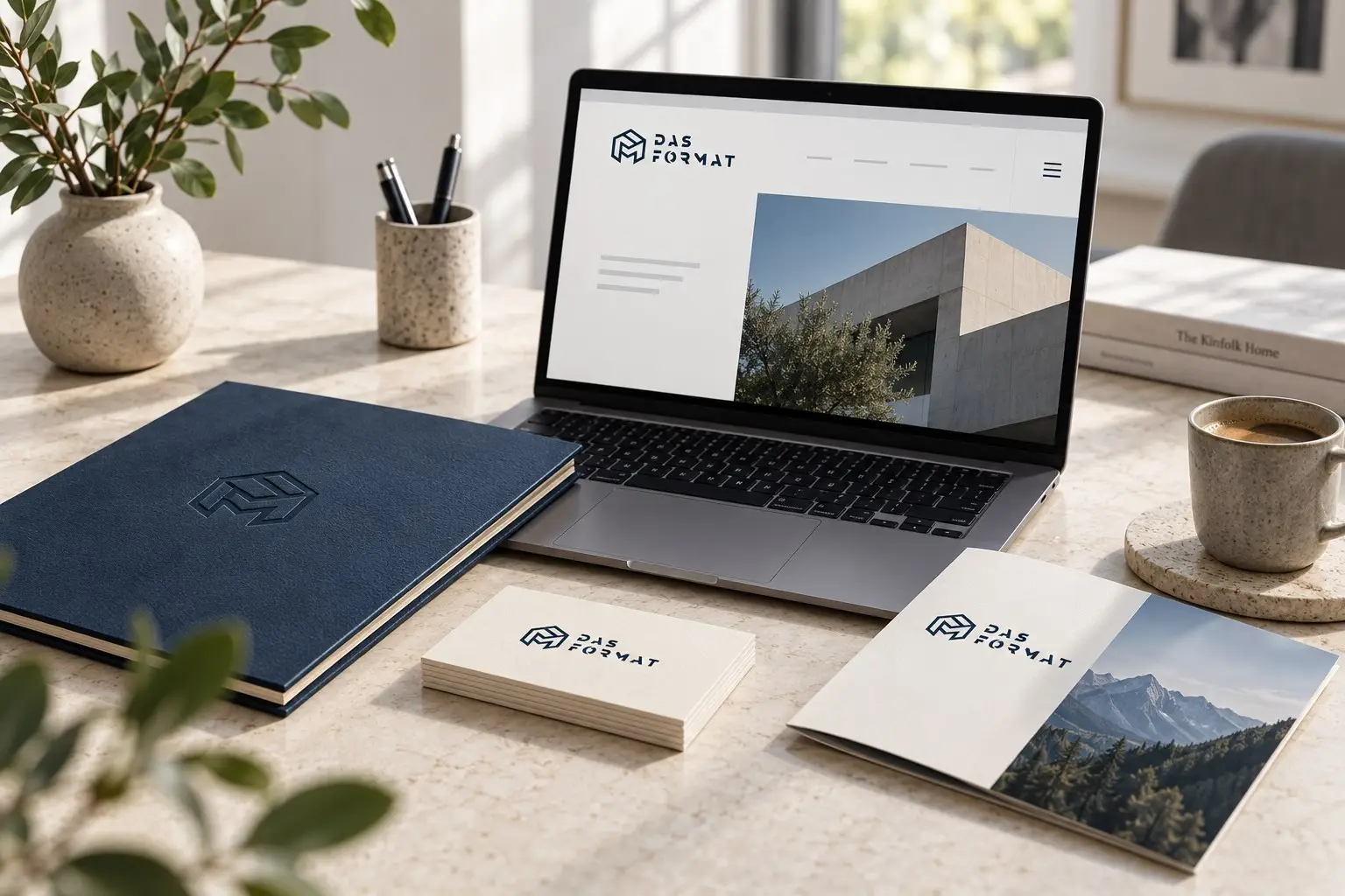 Laptop mit Website sowie dunkelblaue Mappe, Visitenkarten und Broschüre von DAS FORMAT